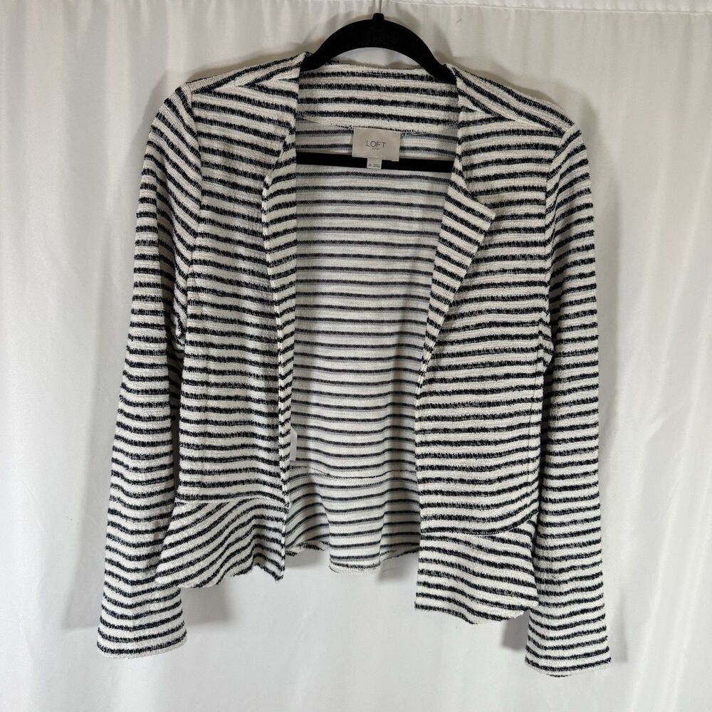 Loft Blazer Women's XS Textured White Blue Lightweight Open Front Long Sleeve